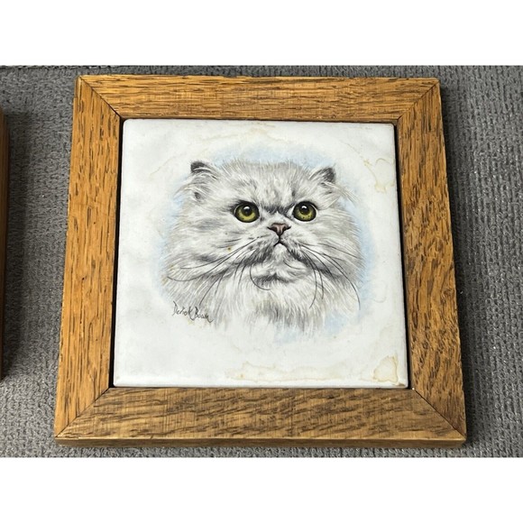 Cat Ceramic Wood Framed Tile Derick Bown Artist Signed Coasters Lot Of 4 - Picture 3 of 9